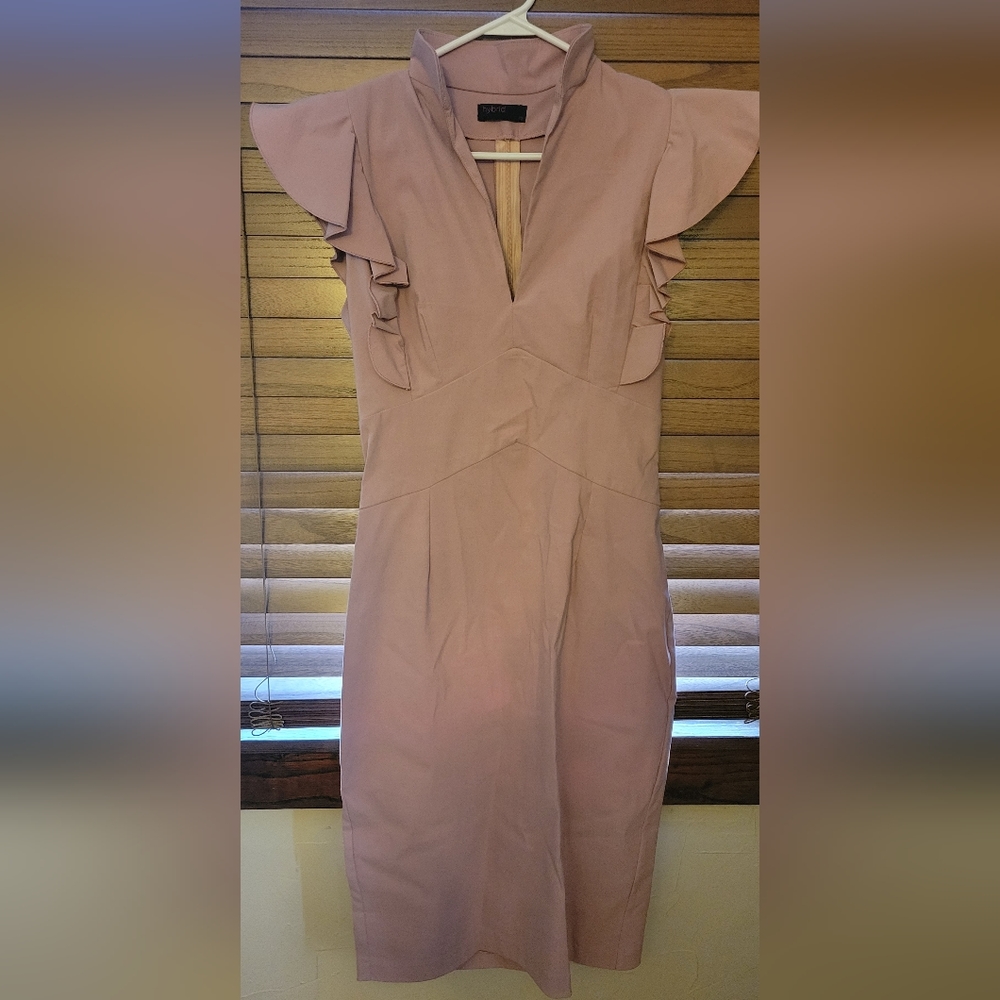 Dusty pink mandarin collar flutter sleeve pencil dress